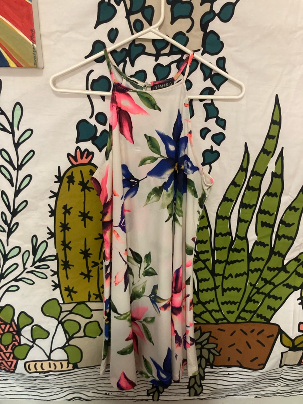 Timing Floral Slip Dress in White with Blue, Pink and Green Print